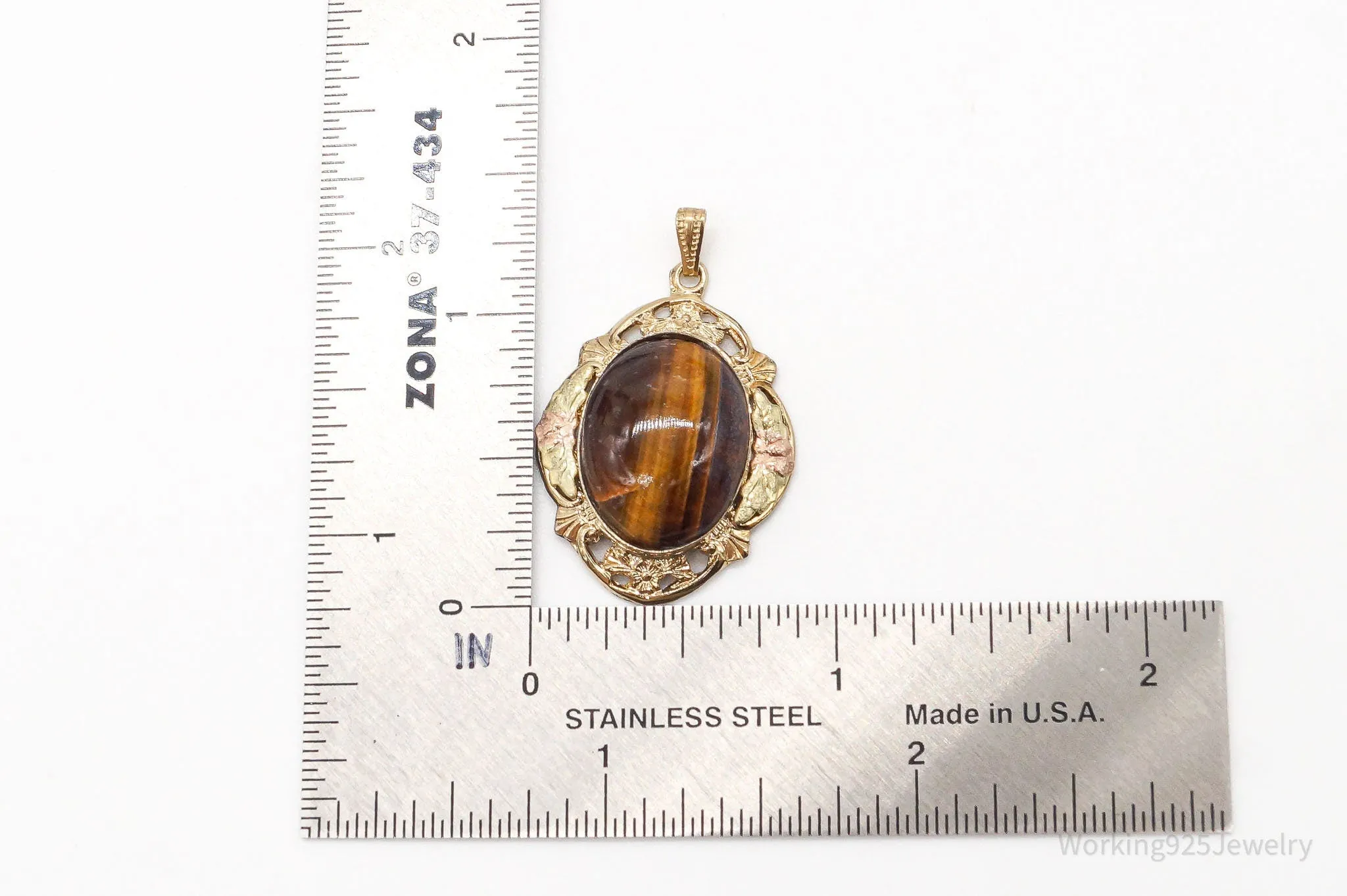 Vintage 1940s Designer LSP Co 12K GF Tigers Eye Sterling Silver Pendant