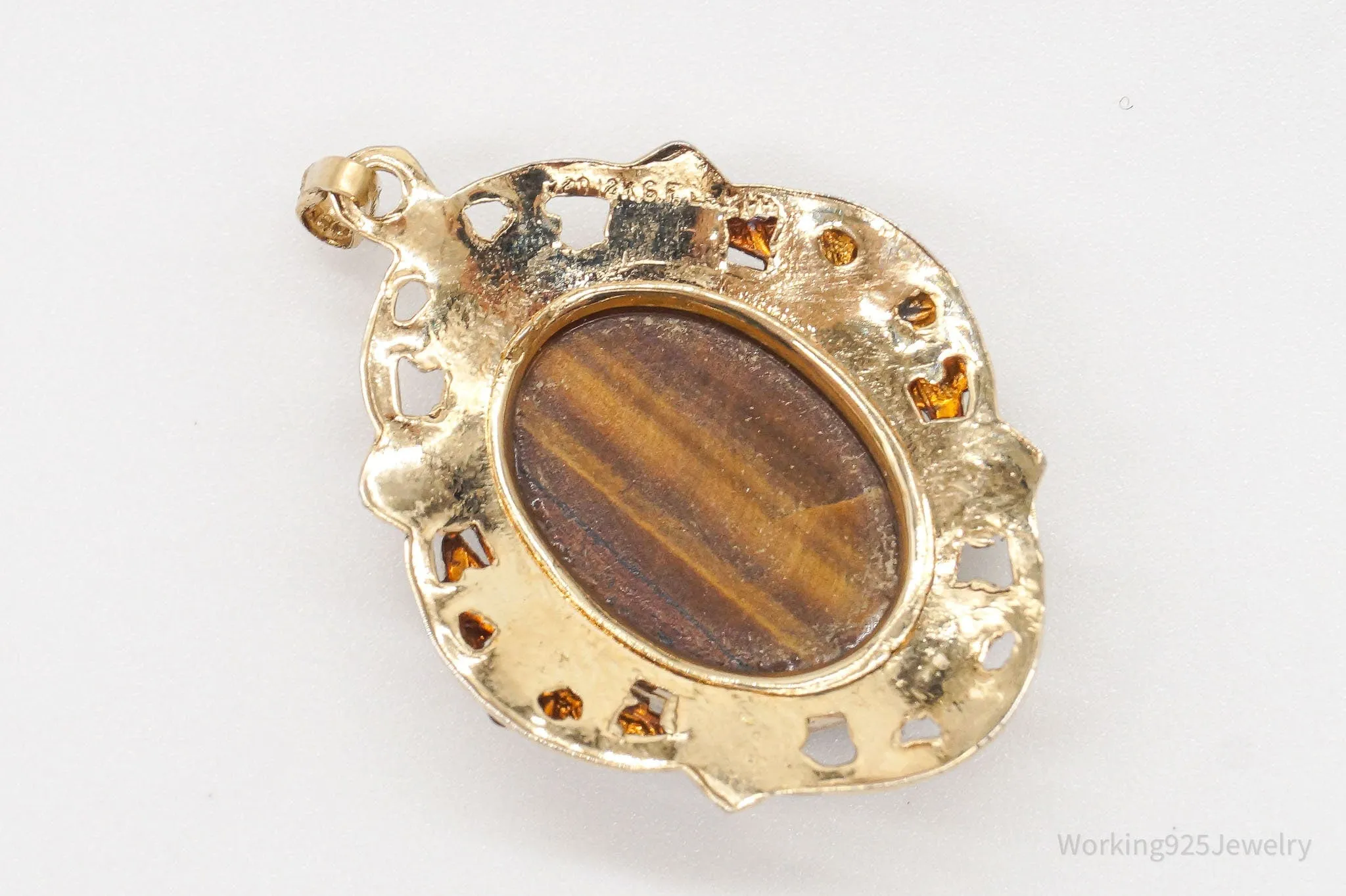 Vintage 1940s Designer LSP Co 12K GF Tigers Eye Sterling Silver Pendant