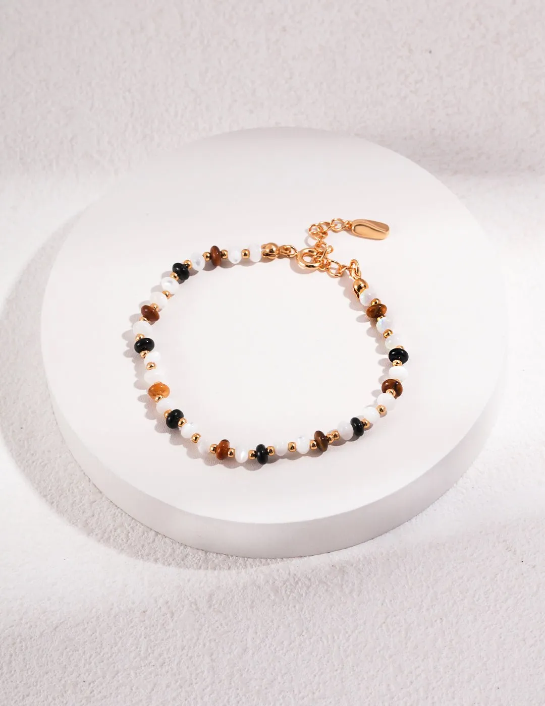 Vintage Bracelet with Tiger's Eye Black Agate and Mother of Pearls