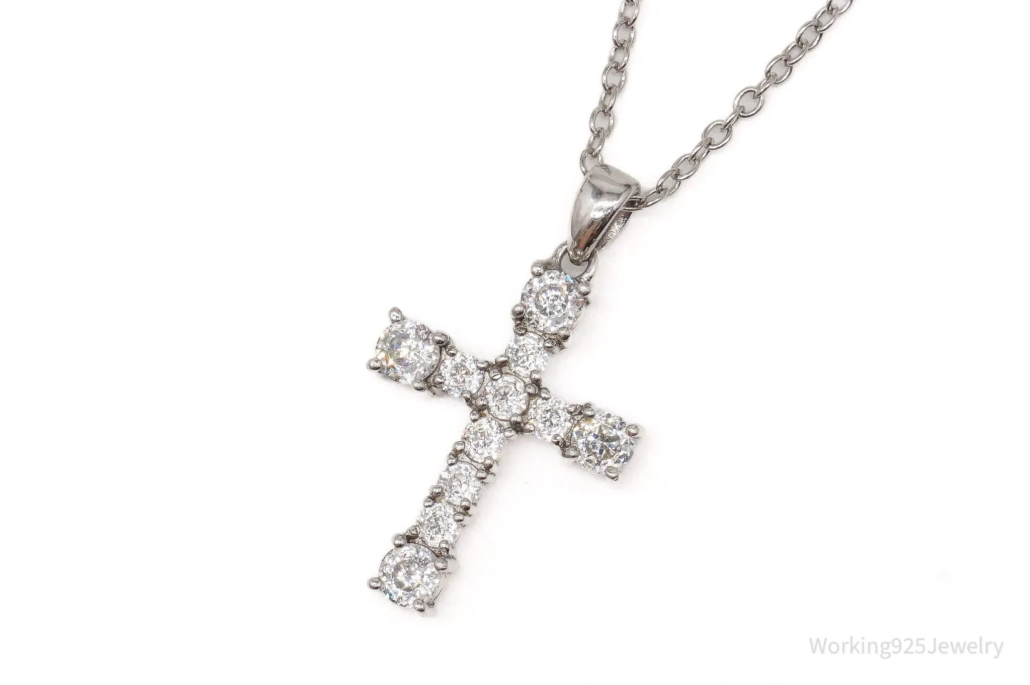 Vintage Cubic Zirconia Cross Platinum Clad Sterling Silver Necklace 18"