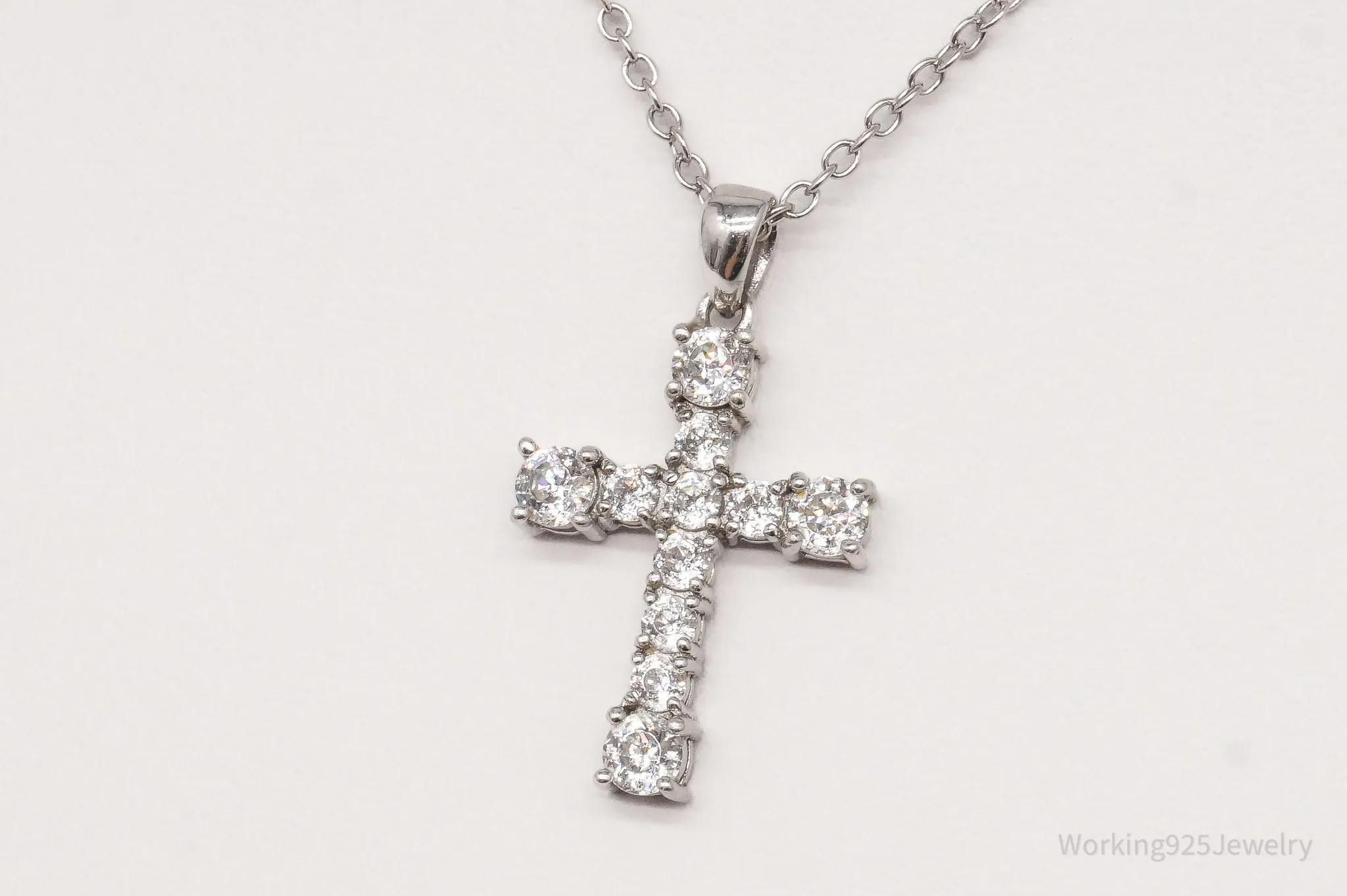 Vintage Cubic Zirconia Cross Platinum Clad Sterling Silver Necklace 18"