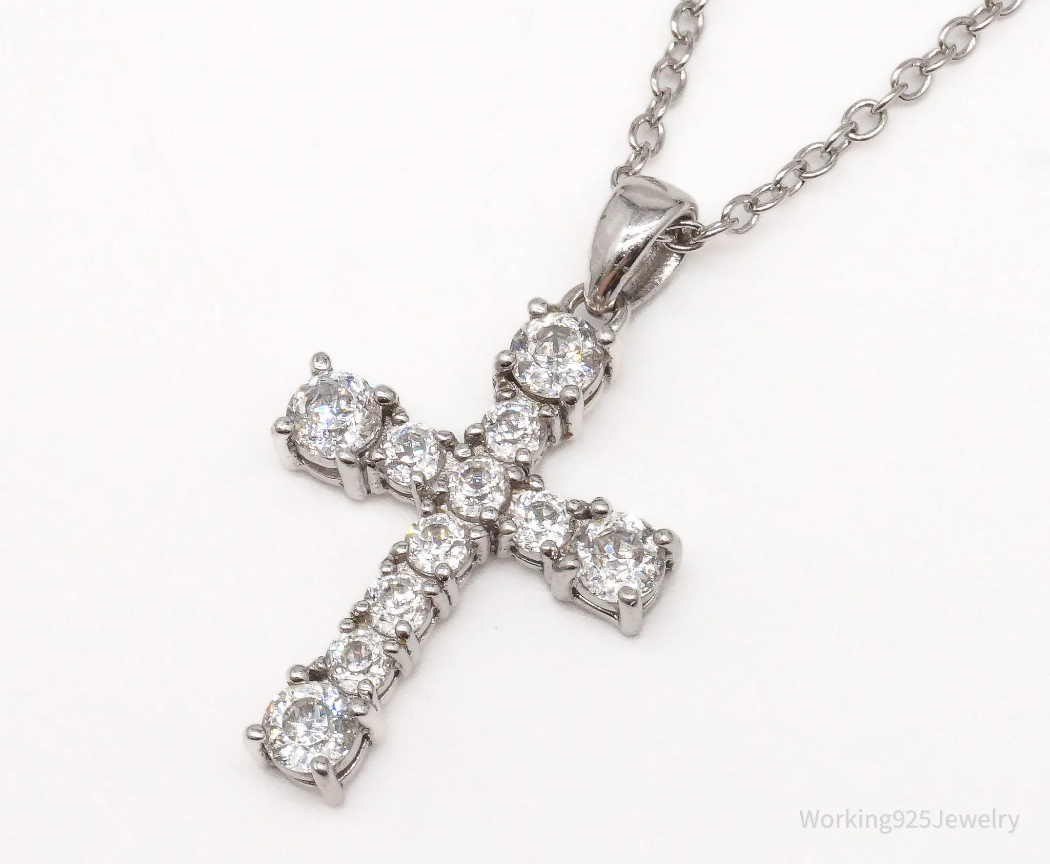 Vintage Cubic Zirconia Cross Platinum Clad Sterling Silver Necklace 18"