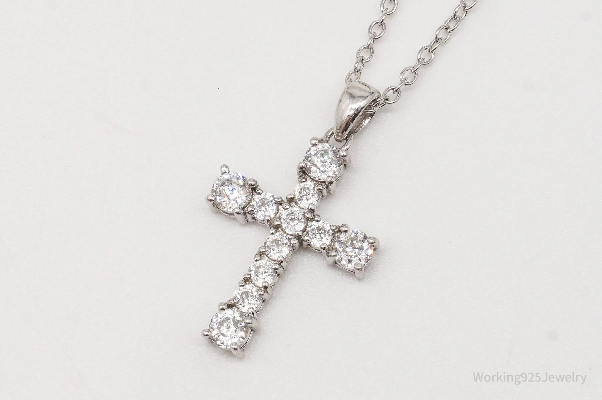 Vintage Cubic Zirconia Cross Platinum Clad Sterling Silver Necklace 18"