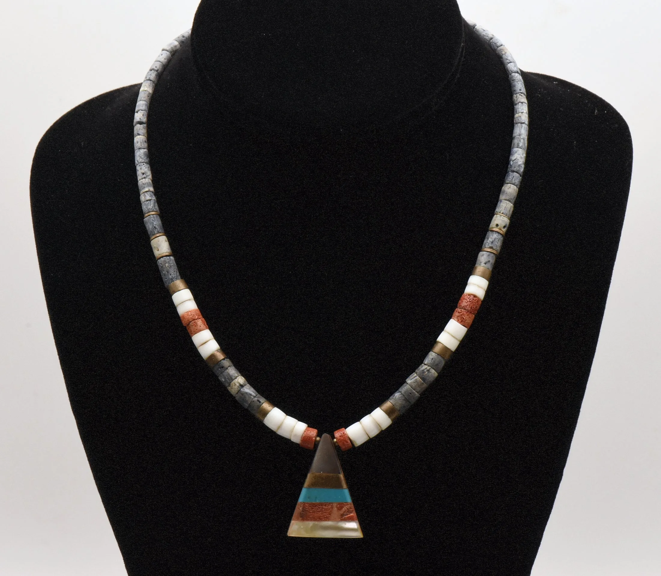 Vintage Handmade Beaded Necklace with Triangle Multi-Stone Inlaid Pendant - 17.5"