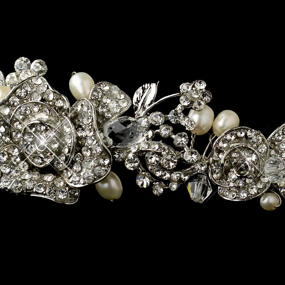 Vintage Inspired Crystal & Freshwater Pearl Rose Bridal Tiara Headpiece