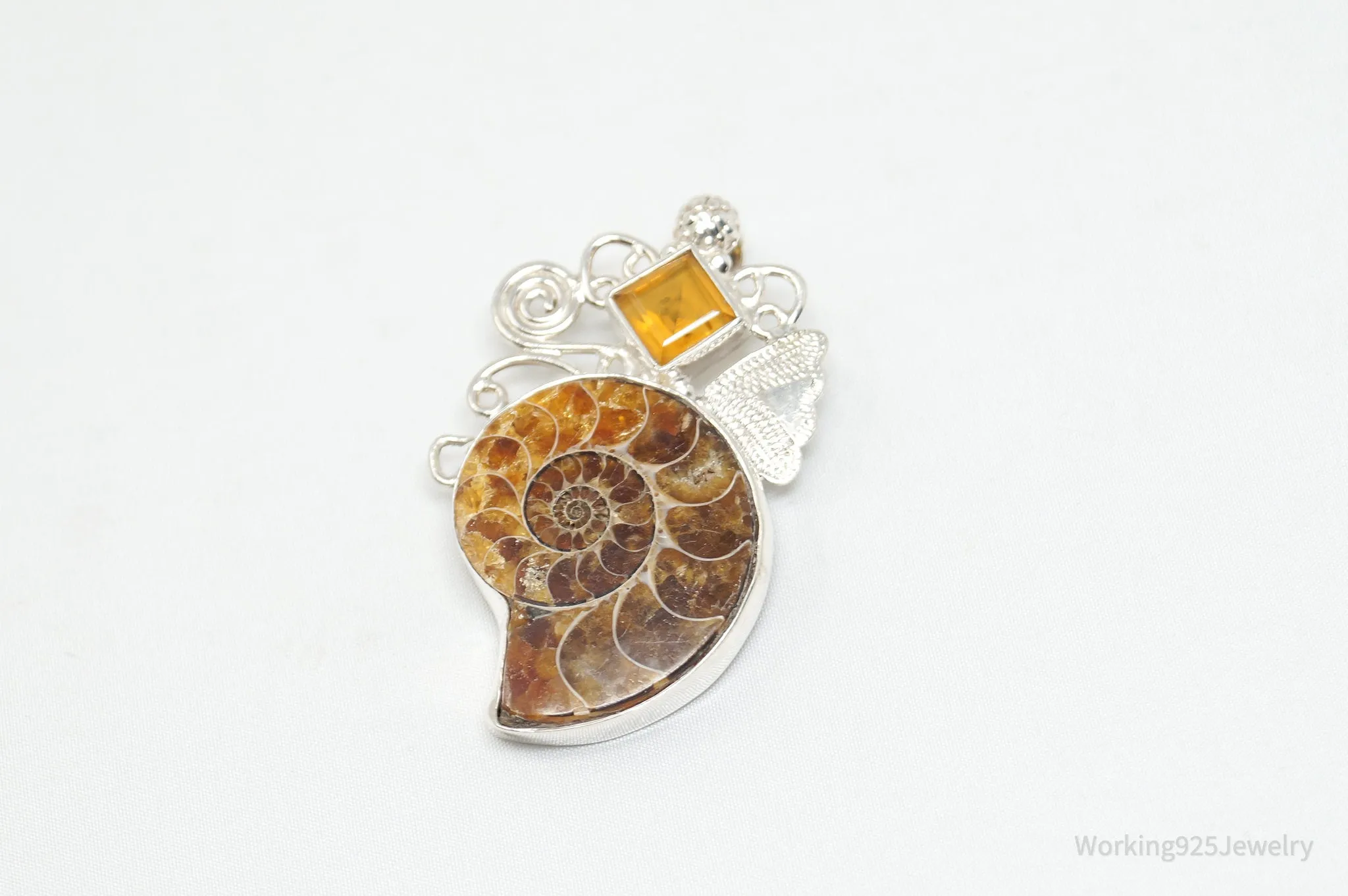 Vintage Large Ammonite Fossil Shell Citrine Sterling Silver Necklace Pendant