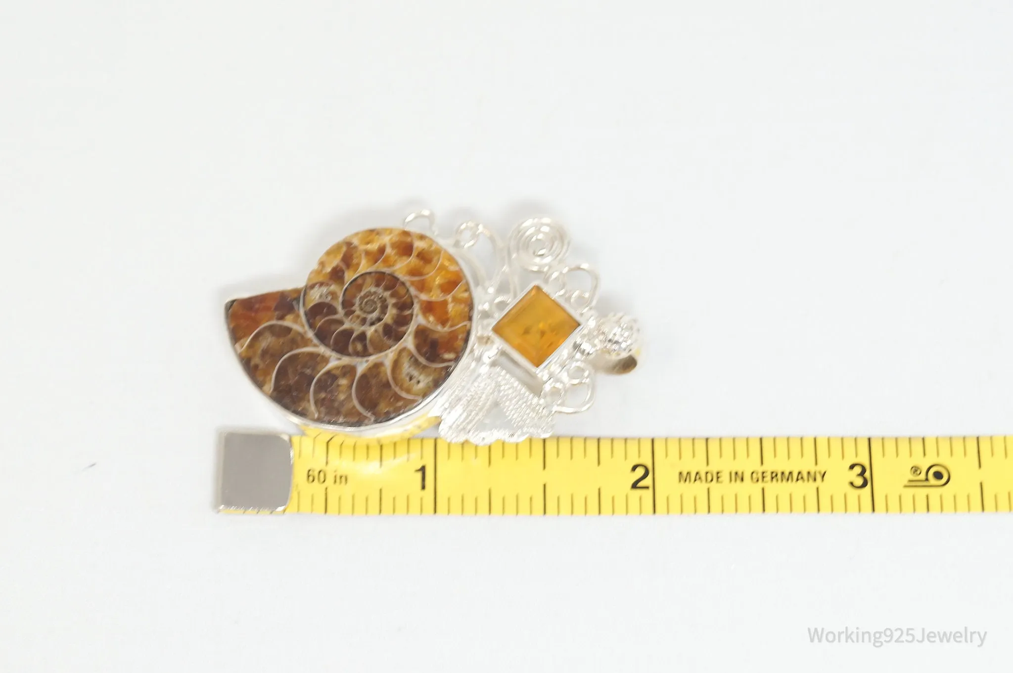 Vintage Large Ammonite Fossil Shell Citrine Sterling Silver Necklace Pendant