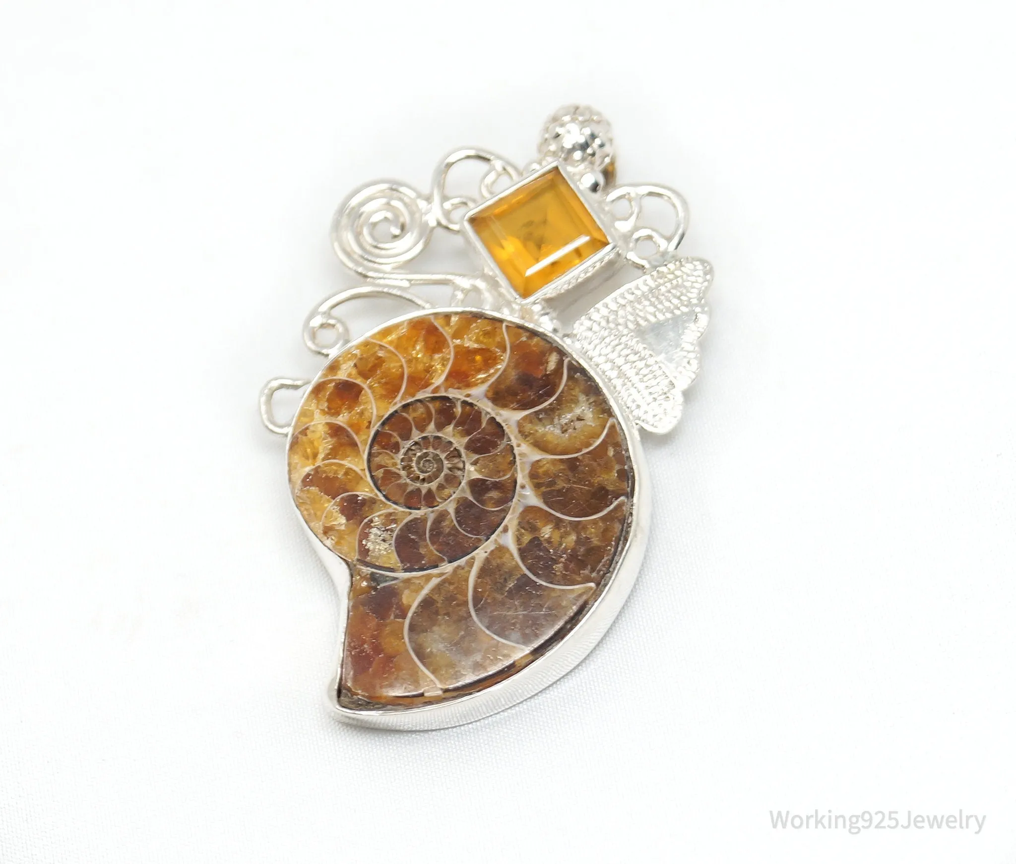 Vintage Large Ammonite Fossil Shell Citrine Sterling Silver Necklace Pendant