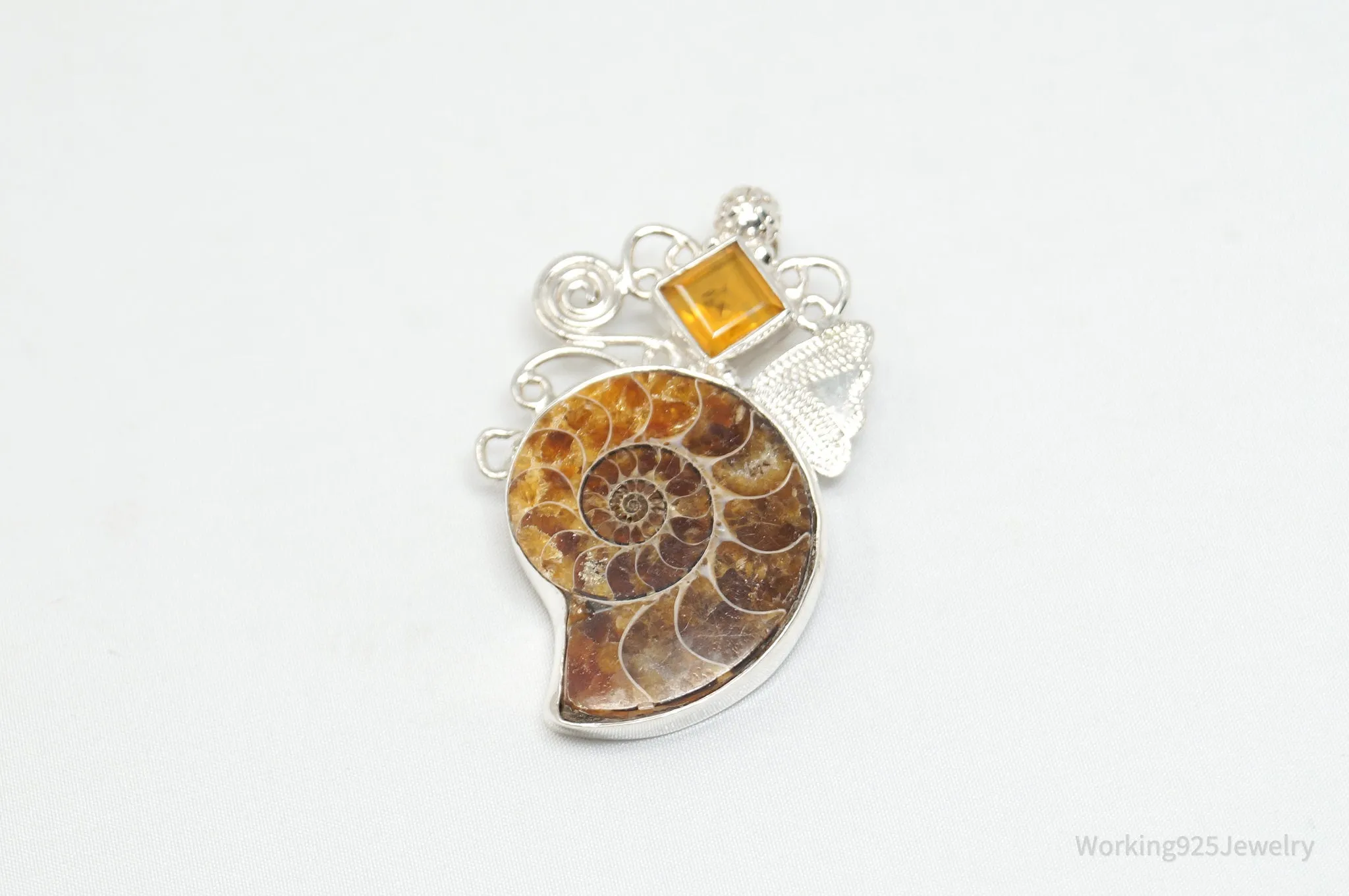 Vintage Large Ammonite Fossil Shell Citrine Sterling Silver Necklace Pendant