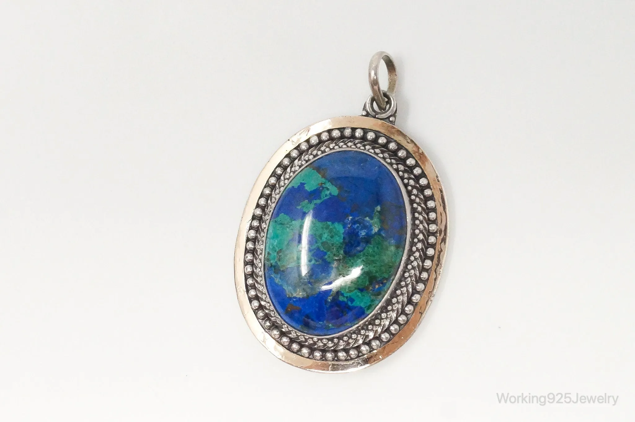 Vintage Large Azurite Brass Sterling Silver Pendant