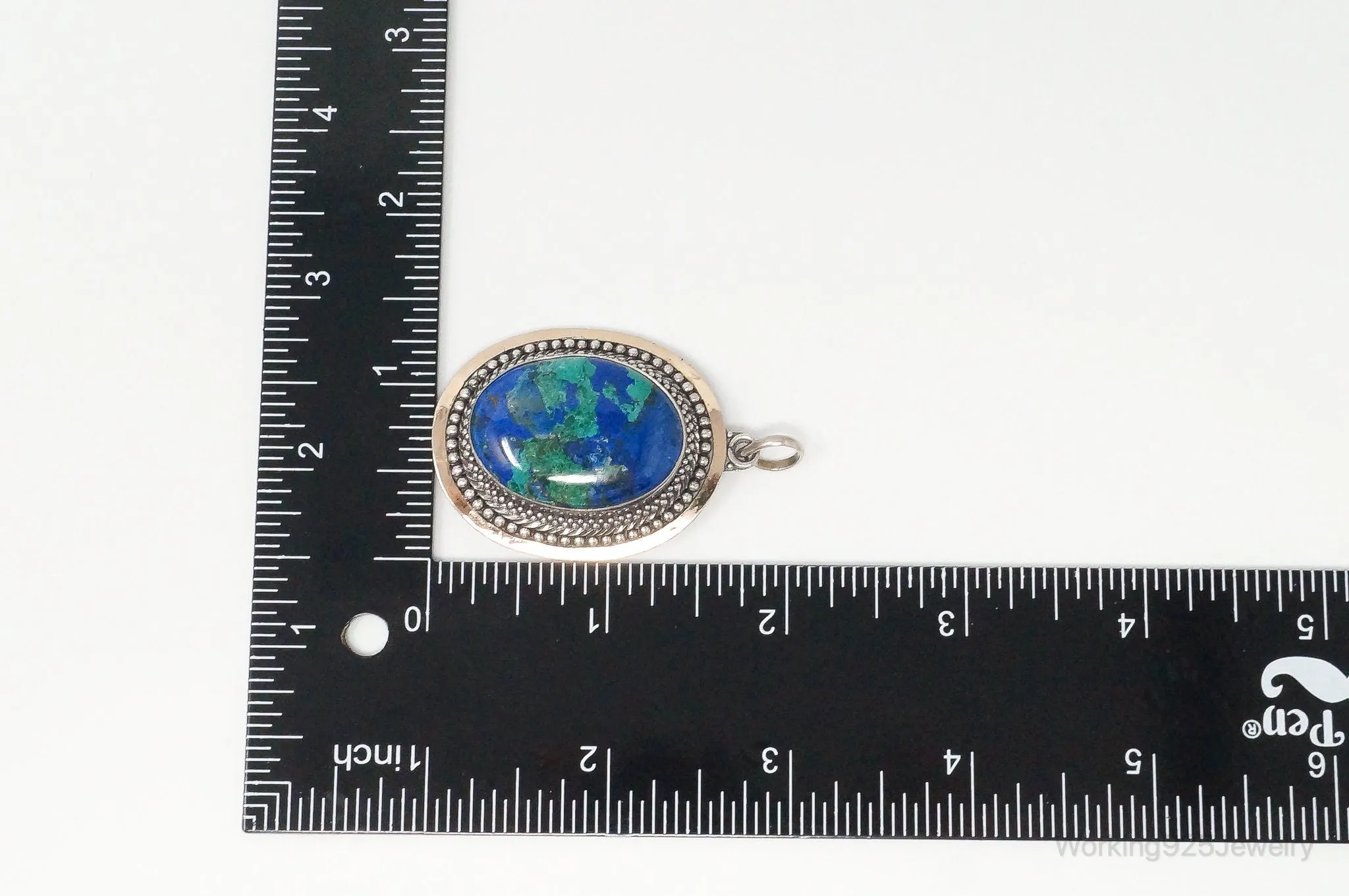 Vintage Large Azurite Brass Sterling Silver Pendant