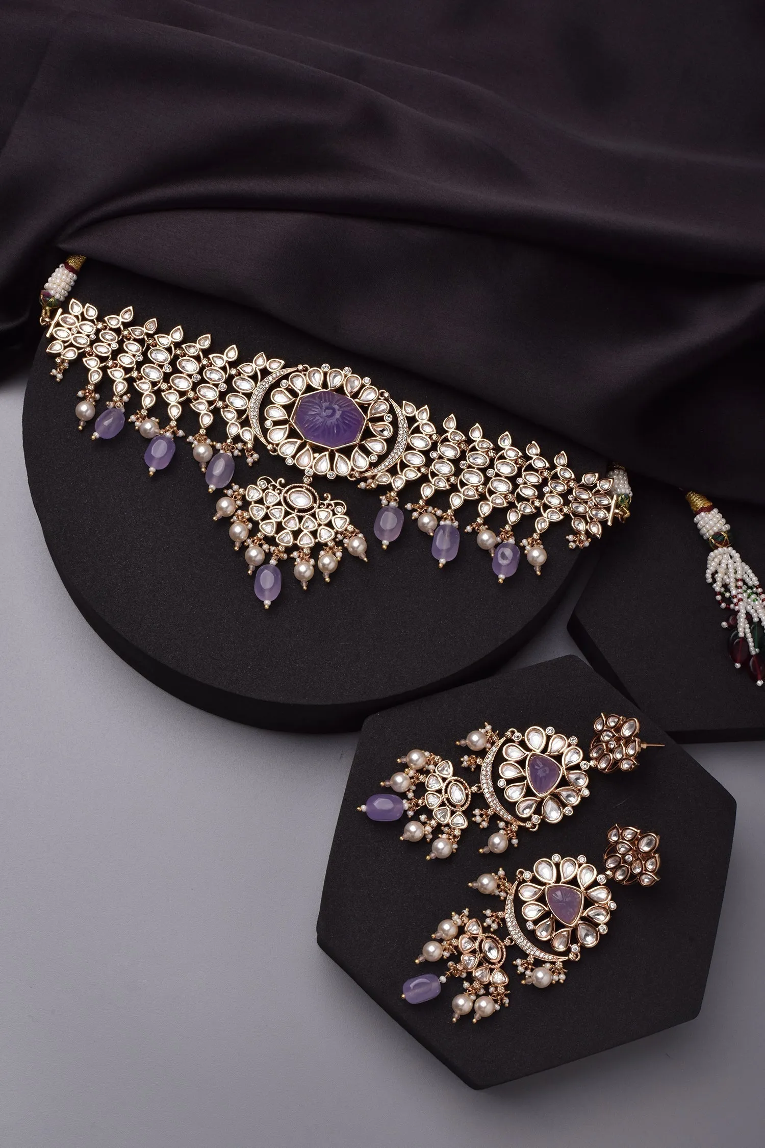 Violet Gold Tone Polki Choker Necklace Set