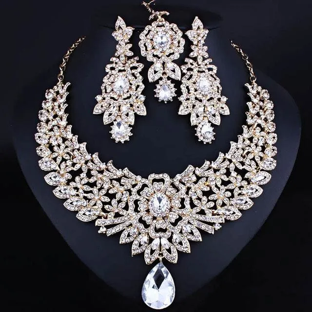 Wedding Jewelry Clear Crystal Rhinestones Necklace Earrings and Frontal Chain