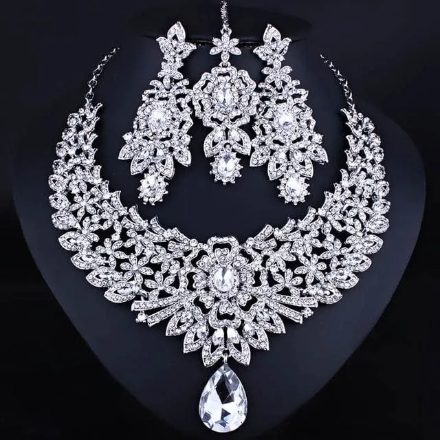 Wedding Jewelry Clear Crystal Rhinestones Necklace Earrings and Frontal Chain