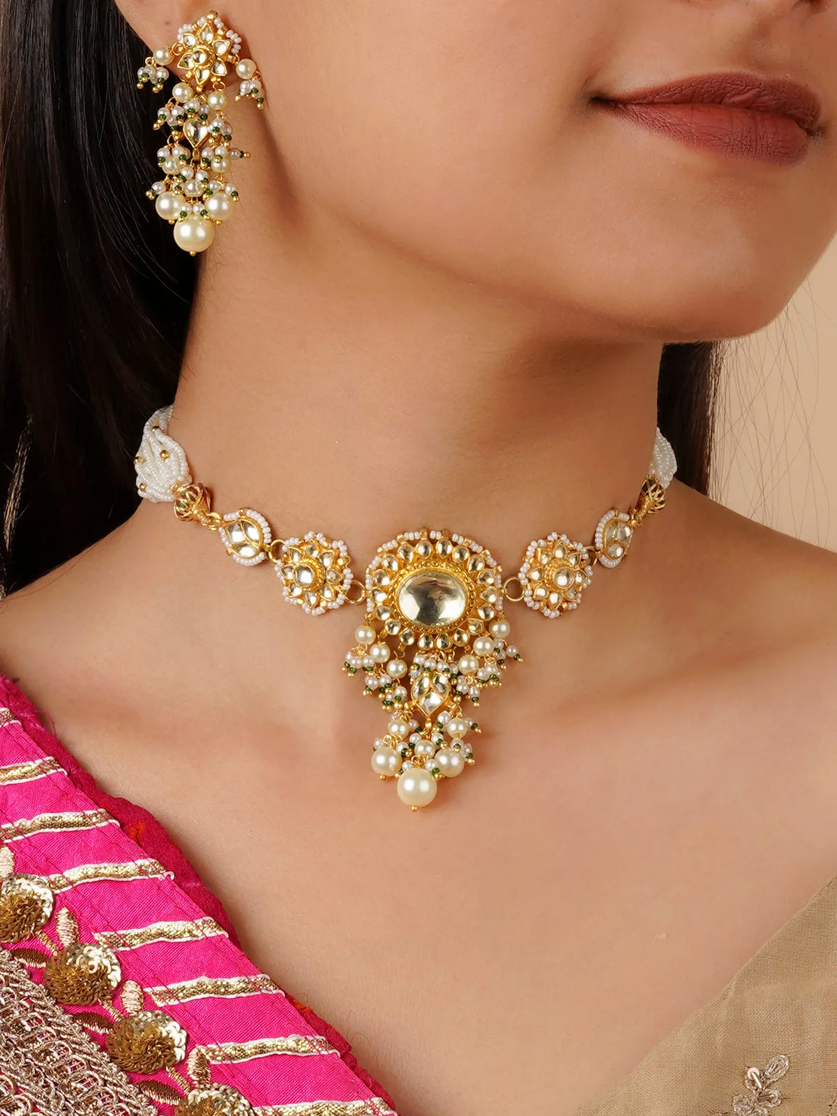 White Color Gold Plated Jadau Kundan Necklace Set - MS1695Y