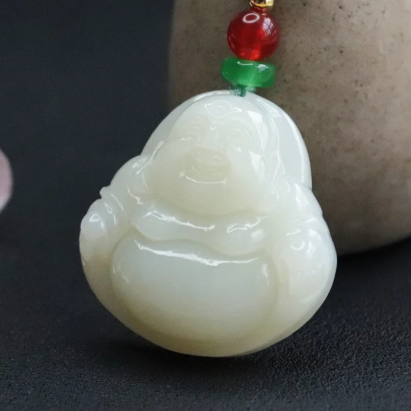 White Jade Buddha Necklace crafted with Hetian Jade and Sterling Silver