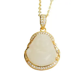 White Jade Buddha Necklace with Zircon in Sterling Silver