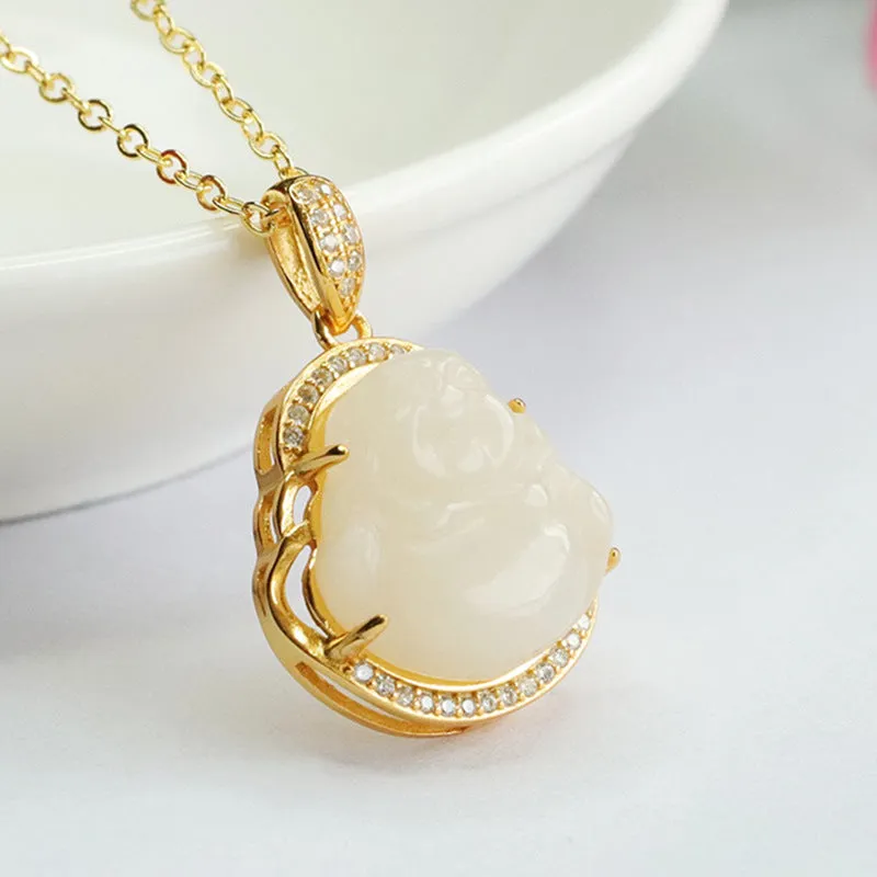 White Jade Buddha Necklace with Zircon in Sterling Silver