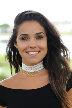 White Lace Choker with Gold Chain