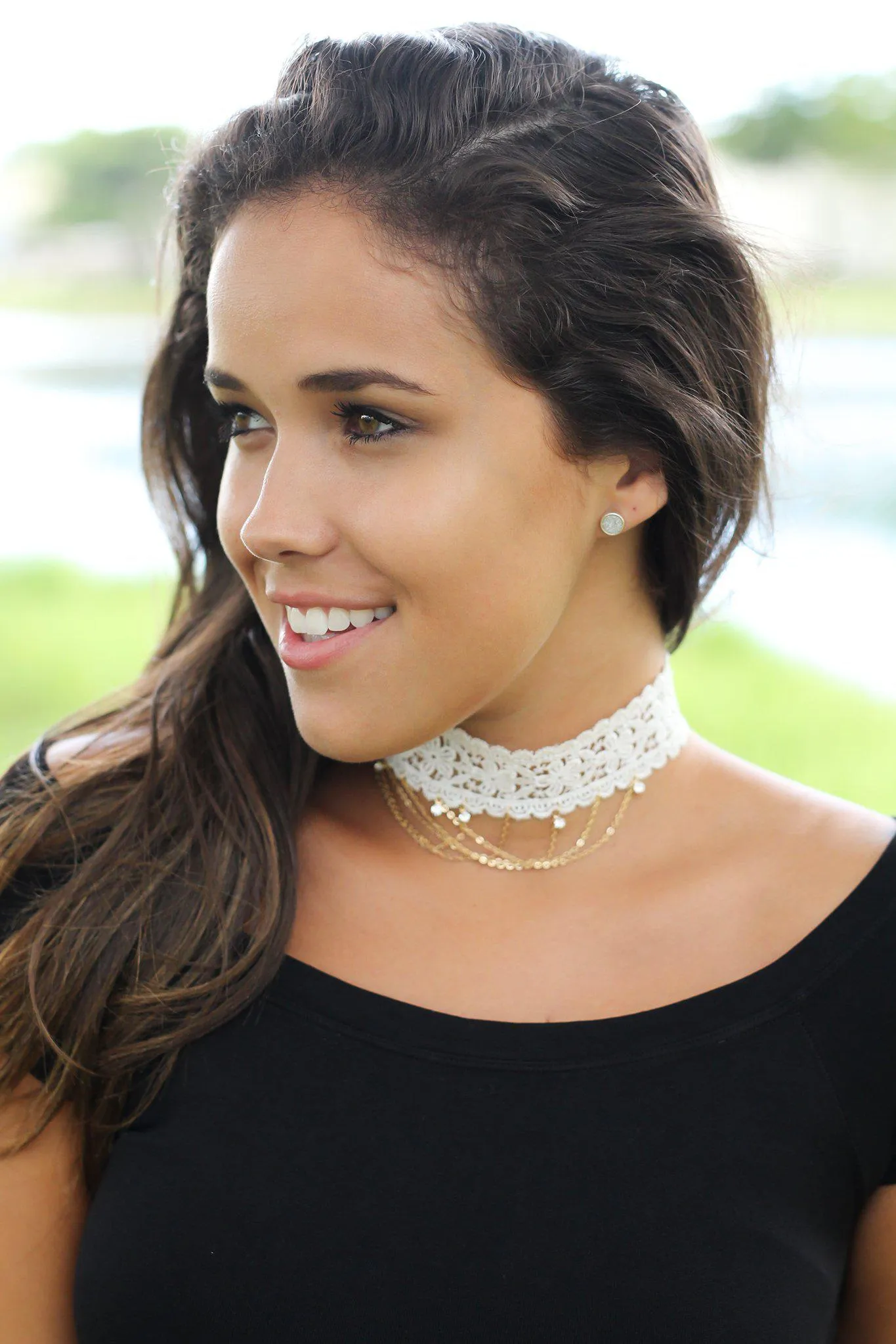 White Lace Choker with Gold Chain