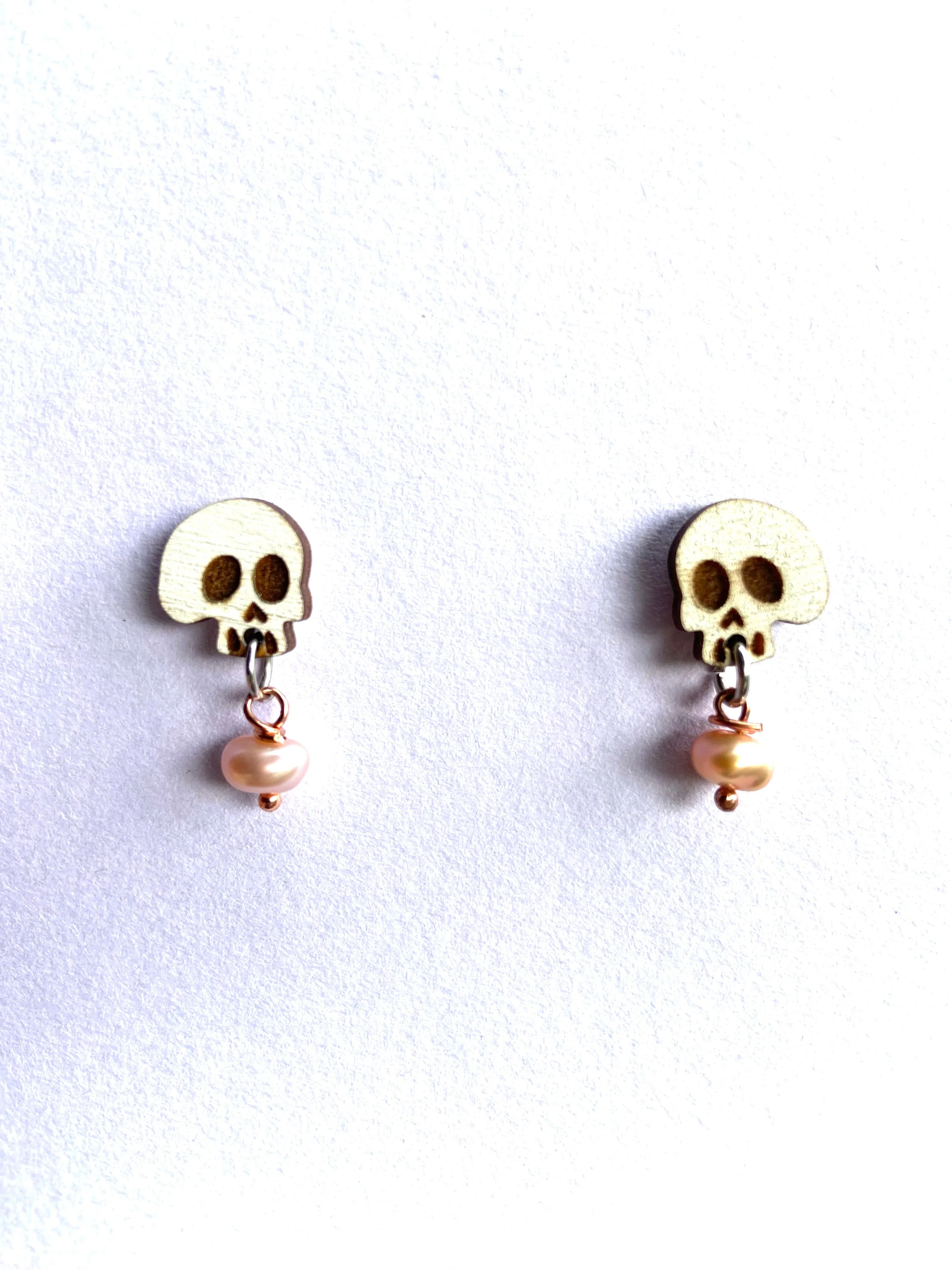 White Skull Laser Cut Earrings with Pearl - Gothic Skeleton Jewelry