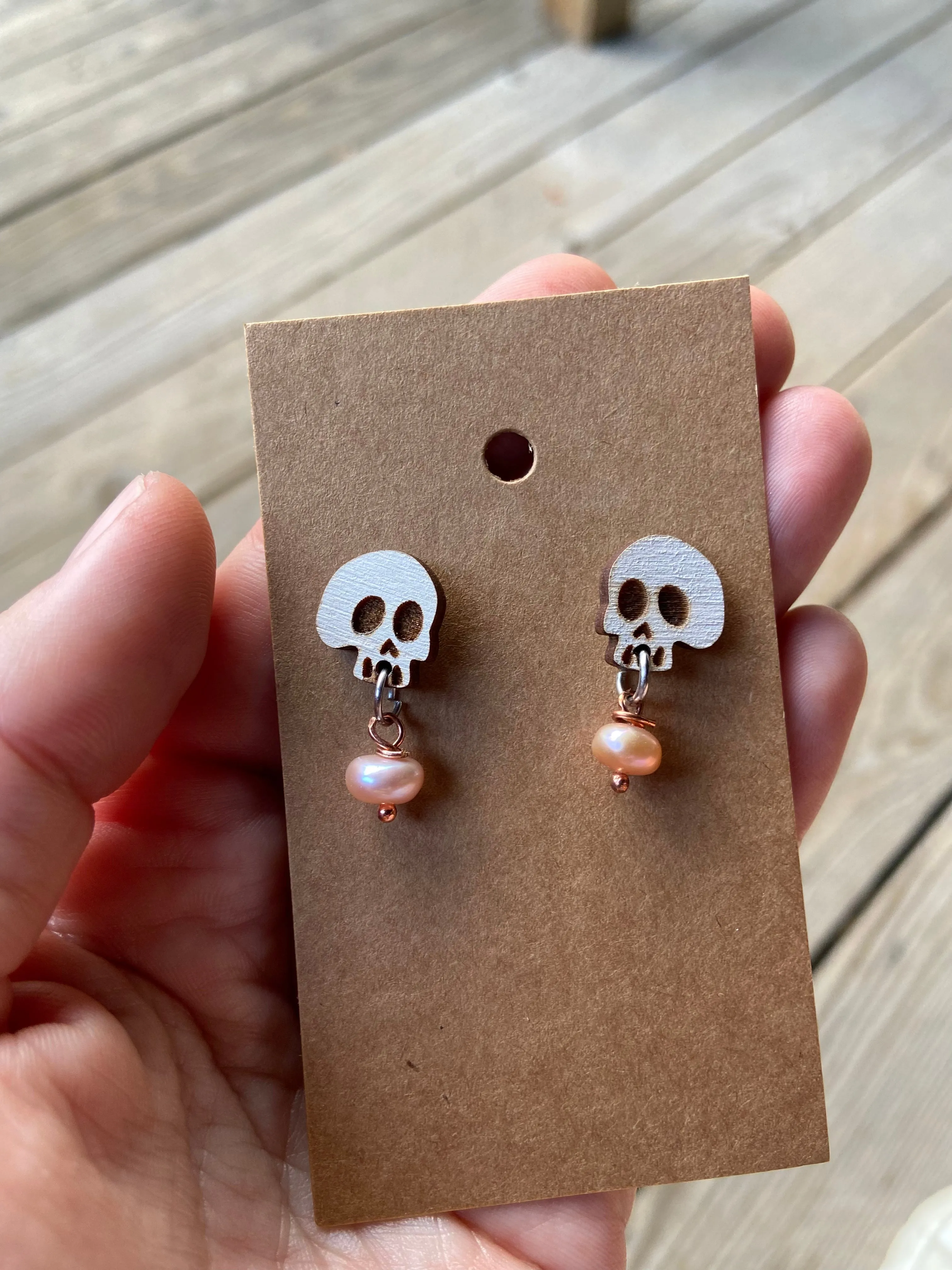 White Skull Laser Cut Earrings with Pearl - Gothic Skeleton Jewelry