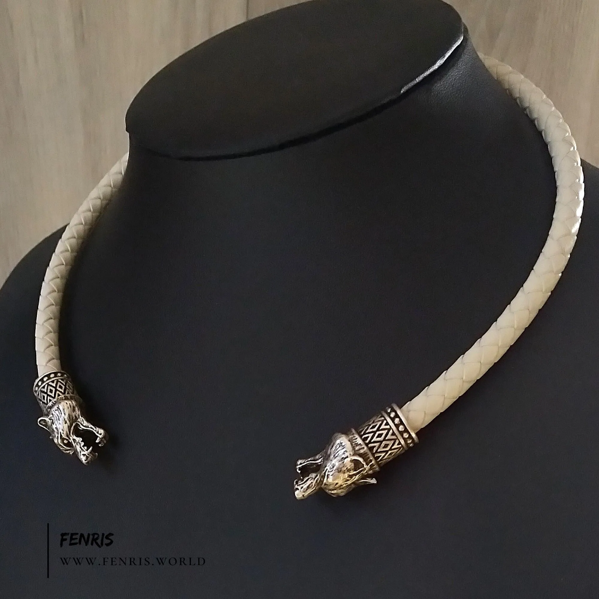 Wolf Torc Necklace White Leather Wedding Silver Nordic - Fenris