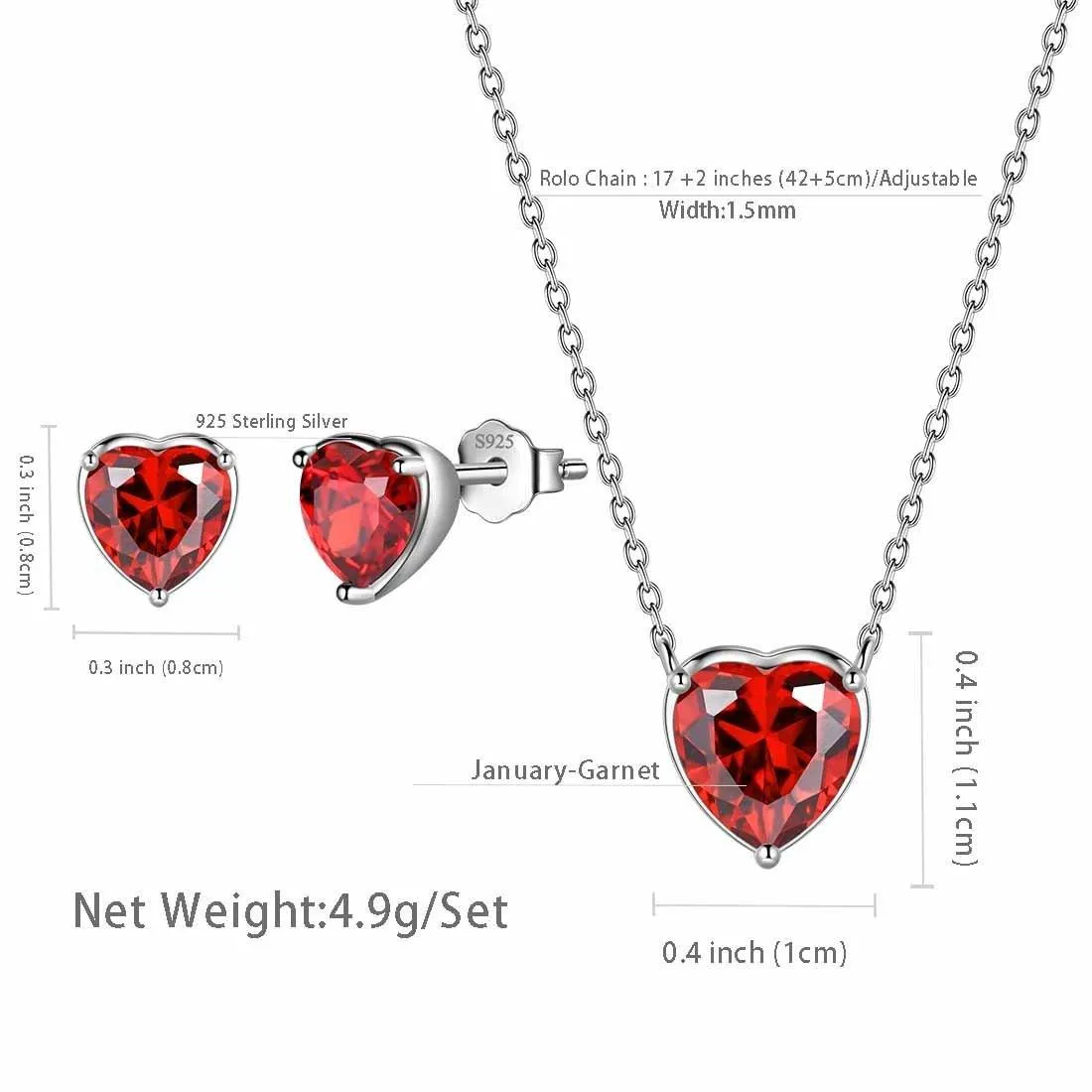 Women Hearts Jewelry Sets 3PCS Birthstone Girls Jewelry Birthday Gift Sterling Silver