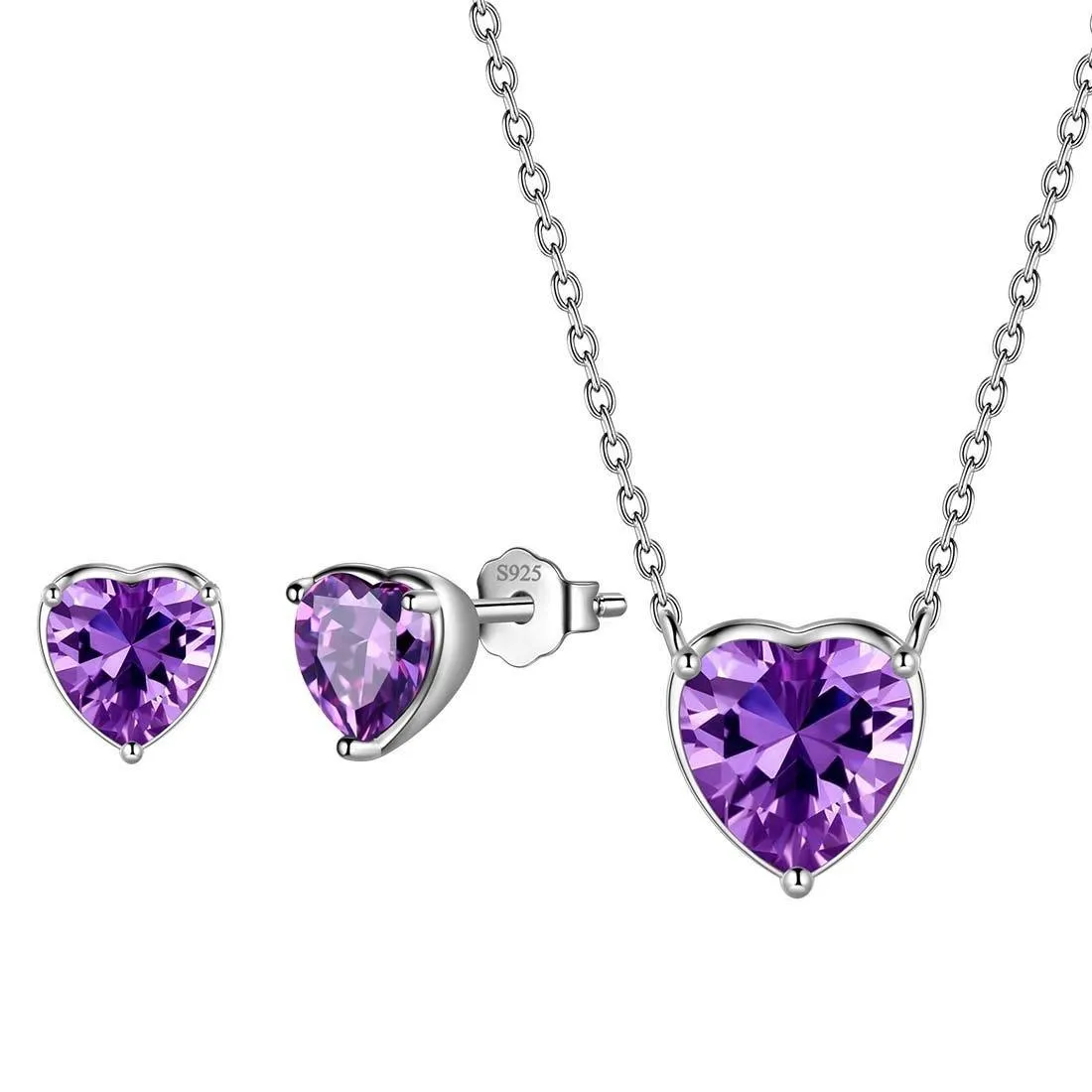 Women Hearts Jewelry Sets 3PCS Birthstone Girls Jewelry Birthday Gift Sterling Silver