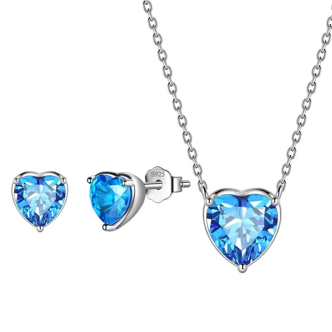 Women Hearts Jewelry Sets 3PCS Birthstone Girls Jewelry Birthday Gift Sterling Silver