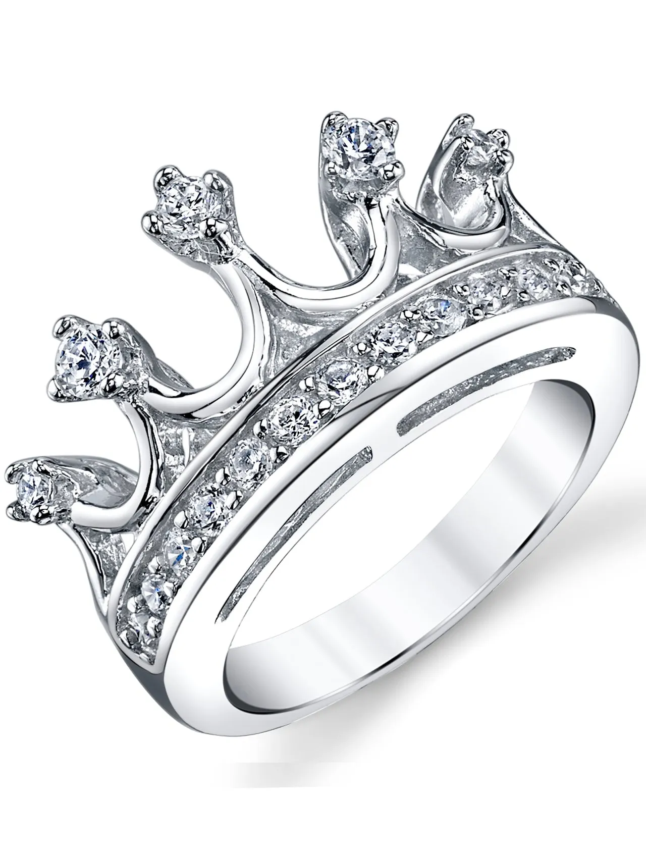 Women's 925 Sterling Silver Princess Crown Tiara Cubic Zirconia Ring Band