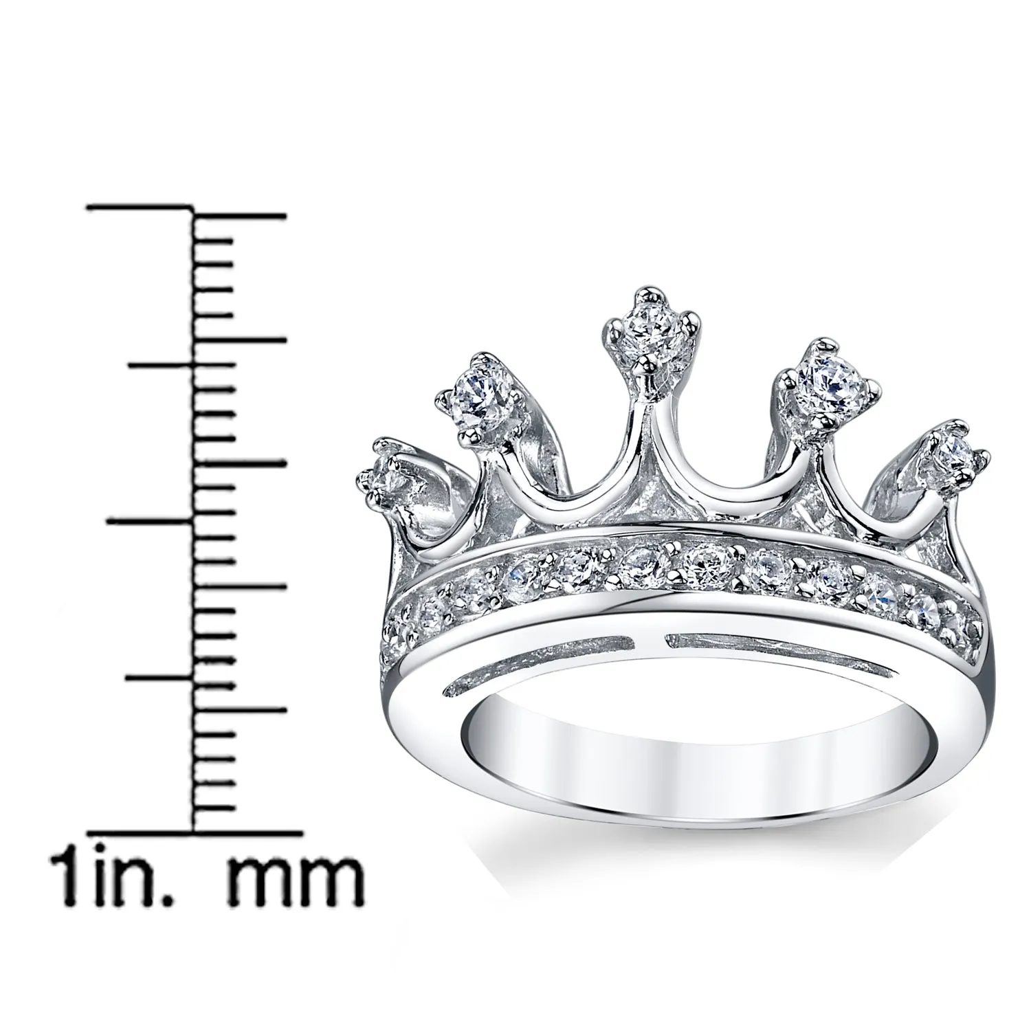 Women's 925 Sterling Silver Princess Crown Tiara Cubic Zirconia Ring Band