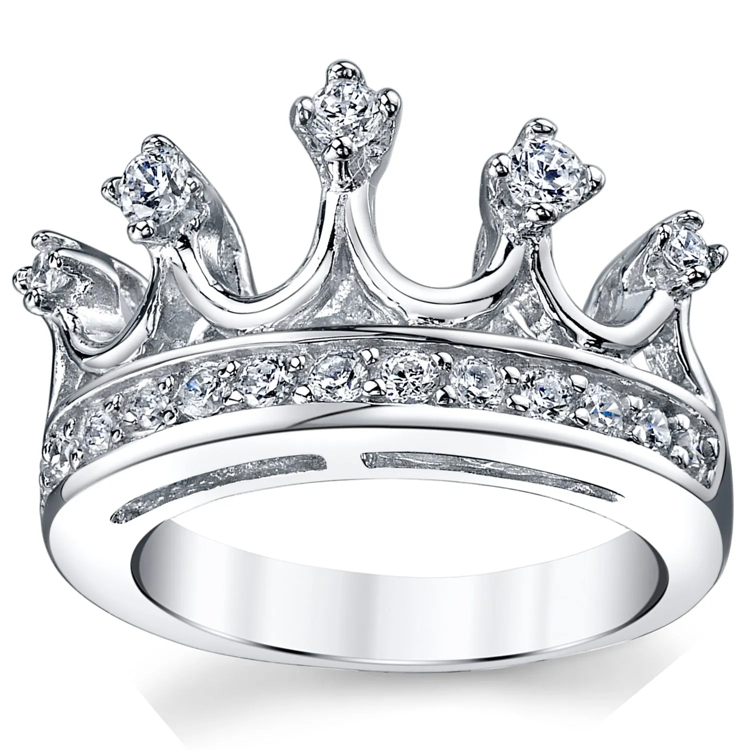 Women's 925 Sterling Silver Princess Crown Tiara Cubic Zirconia Ring Band