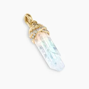 Wrapped Rainbow Moonstone Crystal Amulet with 18K Yellow Gold and Pave Diamonds