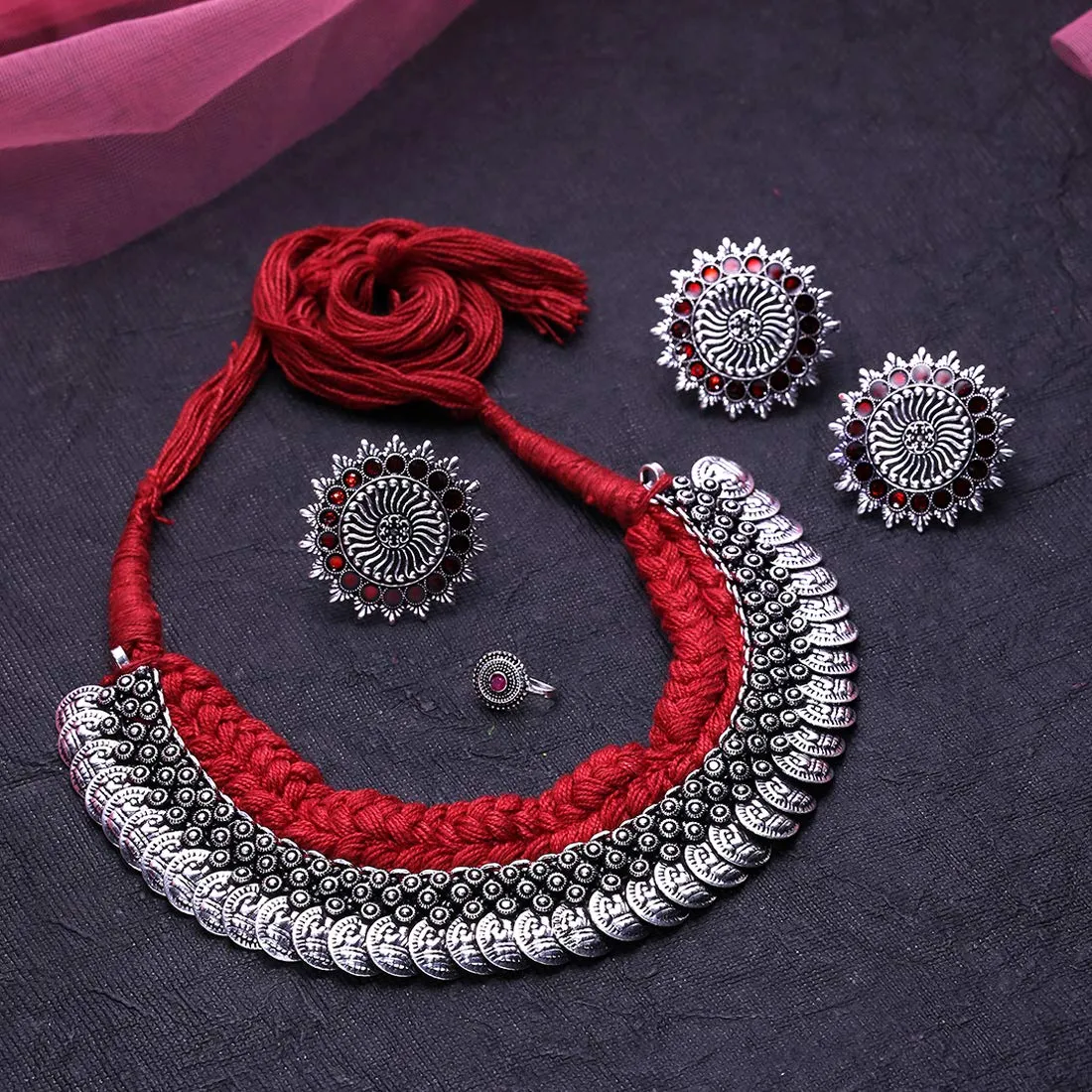 Yellow Chimes Jewellery Set for Women and Girls Traditional Silver Oxidised Jewellery Set Red Choker Set | Threaded Choker Necklace Set for Women | Birthday Gift For Girls and Women Anniversary Gift for Wife